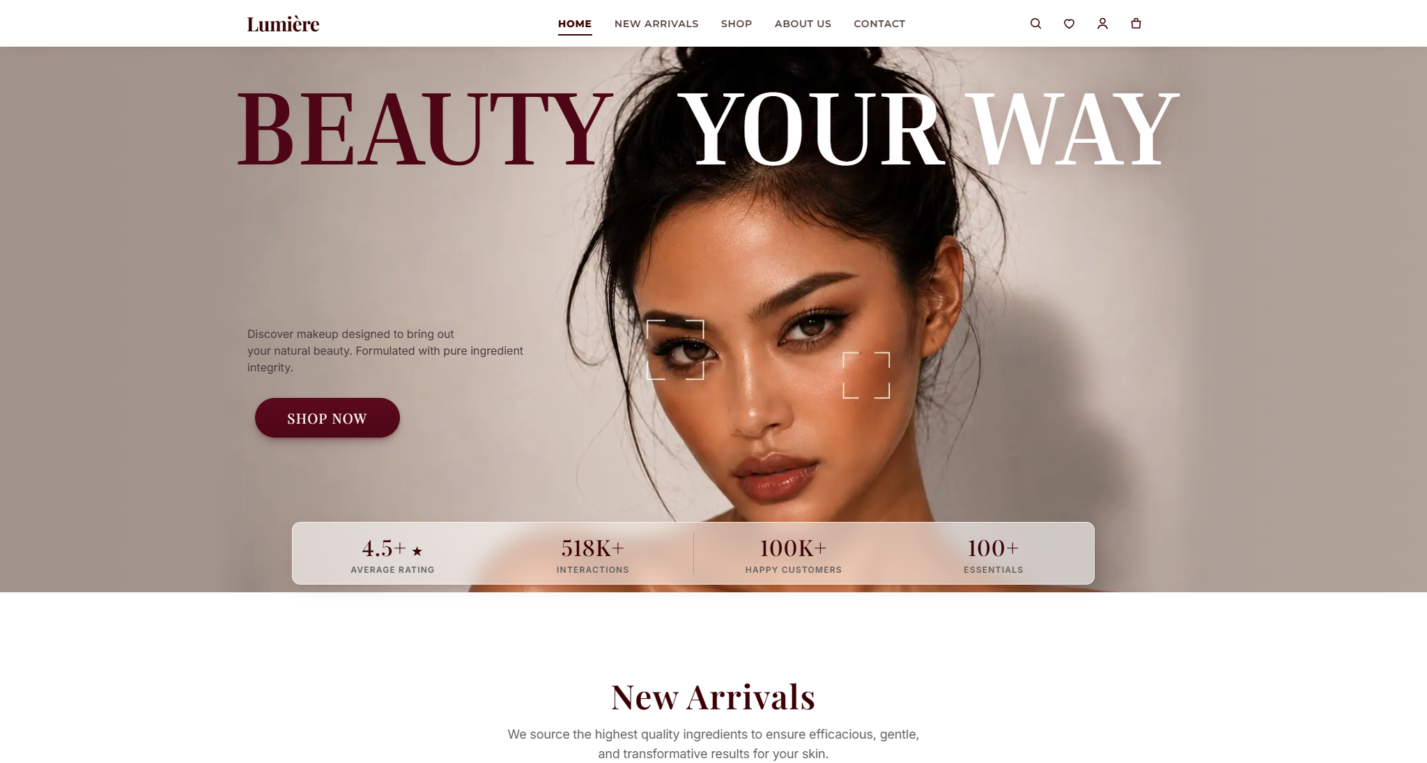 Lumière Beauty storefront homepage, with a beauty campaign and a shop call to action