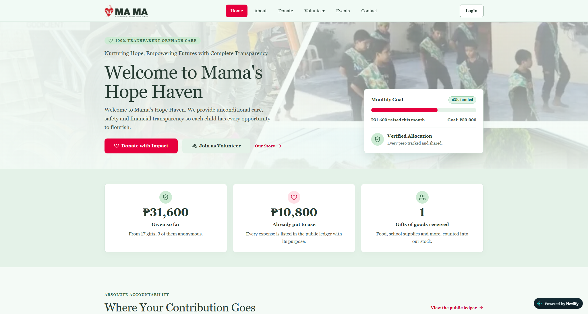 Mama's Hope Haven website homepage, with donation, volunteer and transparency actions