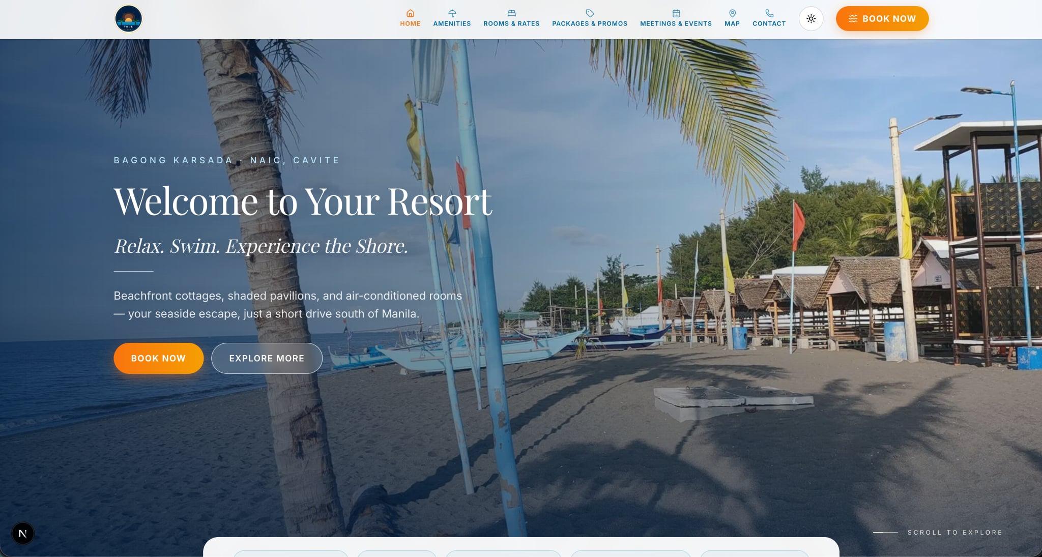 Your Resort website home page with a beachfront hero photo and a Book Now button